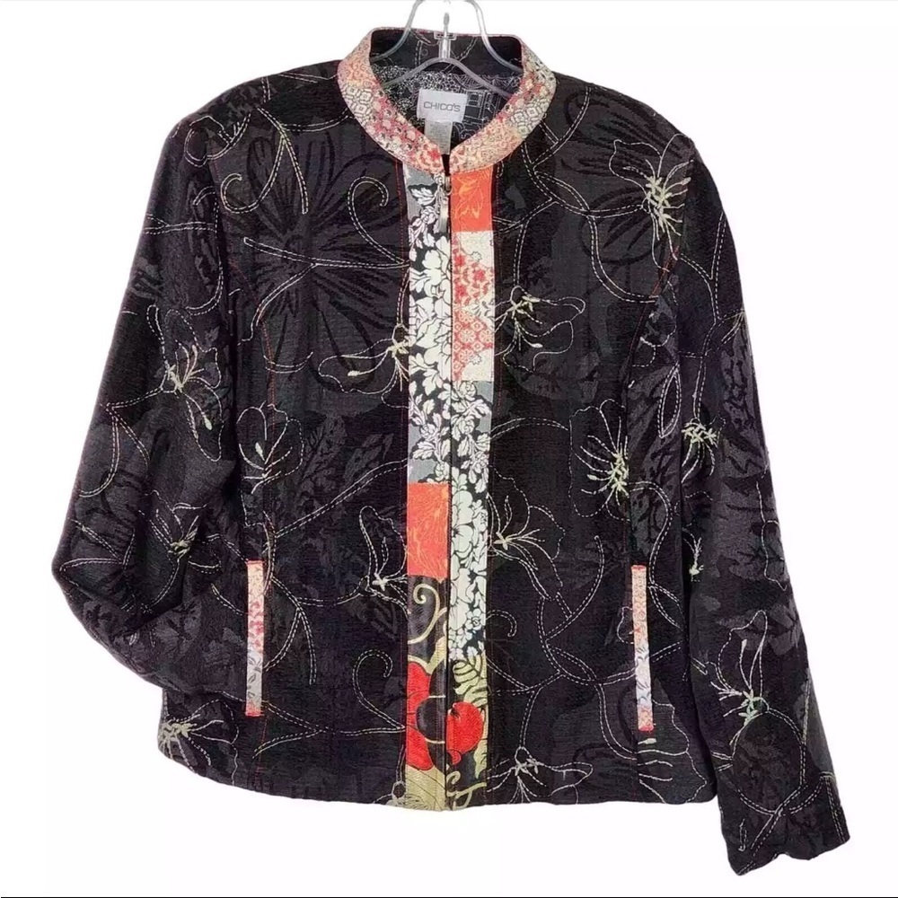 Chico’s Vintage Silk Blend Asian Style Zip-Up Jacket Floral Embroidered Size 2